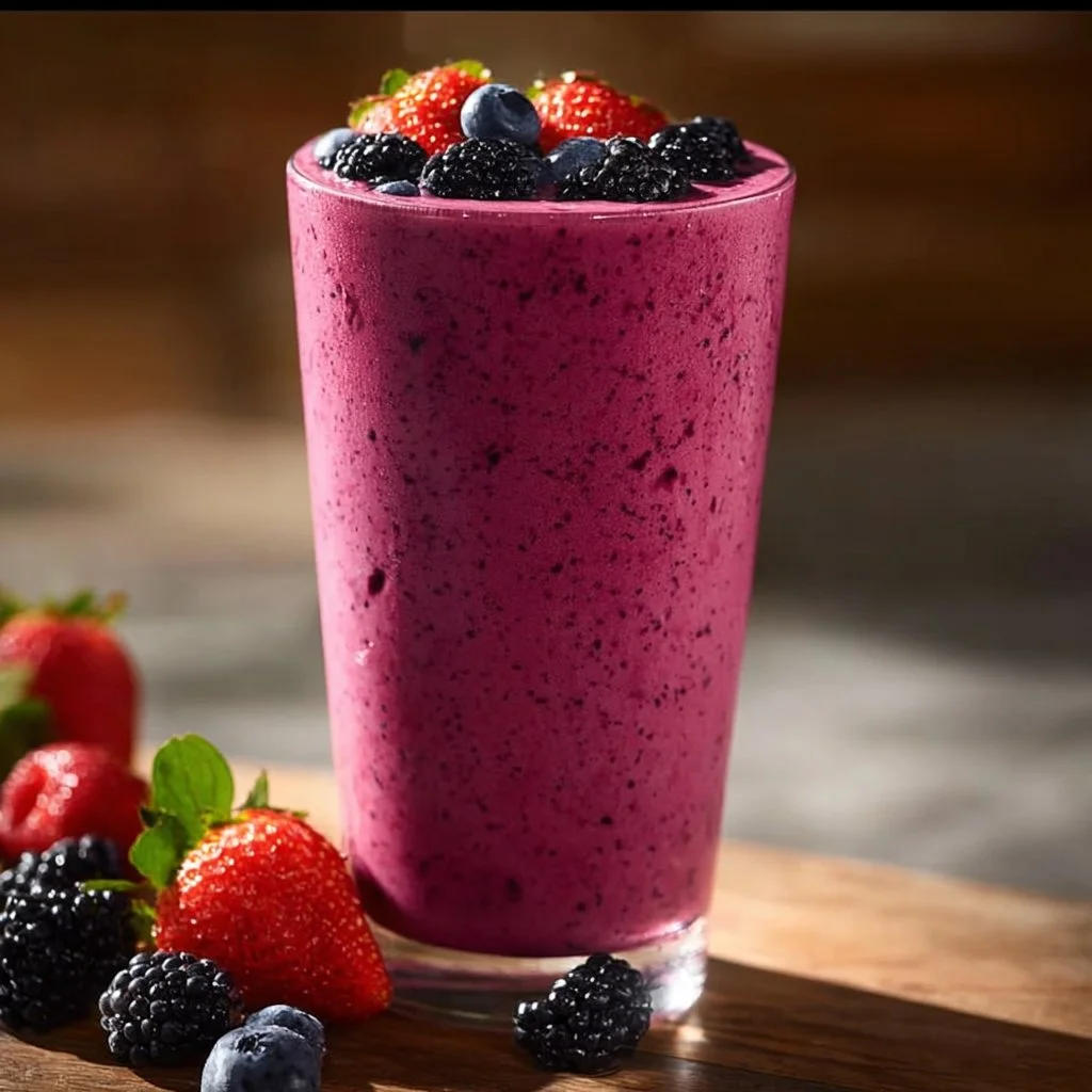Berry Protein Smoothie: A Berrylicious, Healthy Superfood Shake for Busy Days 1 Berry Protein Smoothie in a glass topped with fresh berries and mint leaves