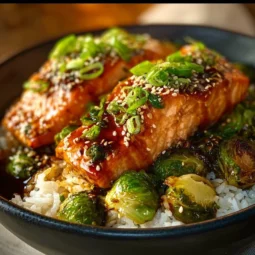 Bold & Flavorful Teriyaki Salmon Bowls with Crispy Brussels Sprouts (Fast & Healthy!) 2 Delicious teriyaki salmon bowl with crispy Brussels sprouts