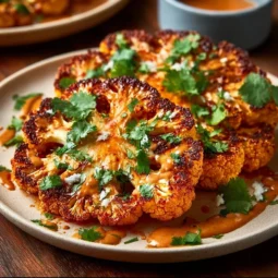 Crispy Buffalo Cauliflower Steak garnished with fresh herbs on a plate