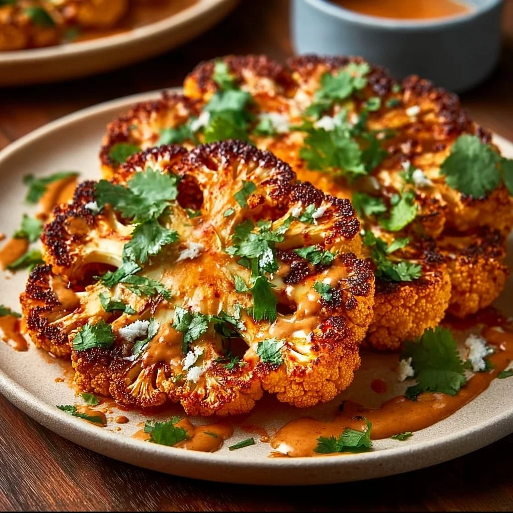 Crispy Buffalo Cauliflower Steak garnished with fresh herbs on a plate
