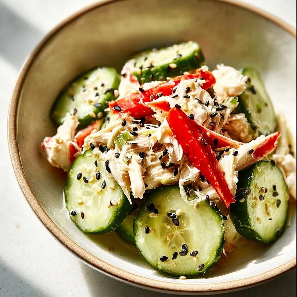 A vibrant California Roll Cucumber Salad featuring fresh cucumbers and sushi ingredients.