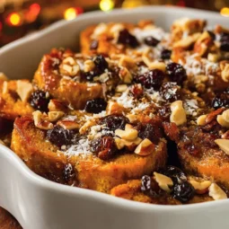 Delicious Capirotada, a traditional Mexican bread pudding with raisins and spices.