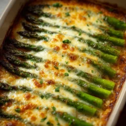 Cheesy baked asparagus topped with melted cheese and herbs