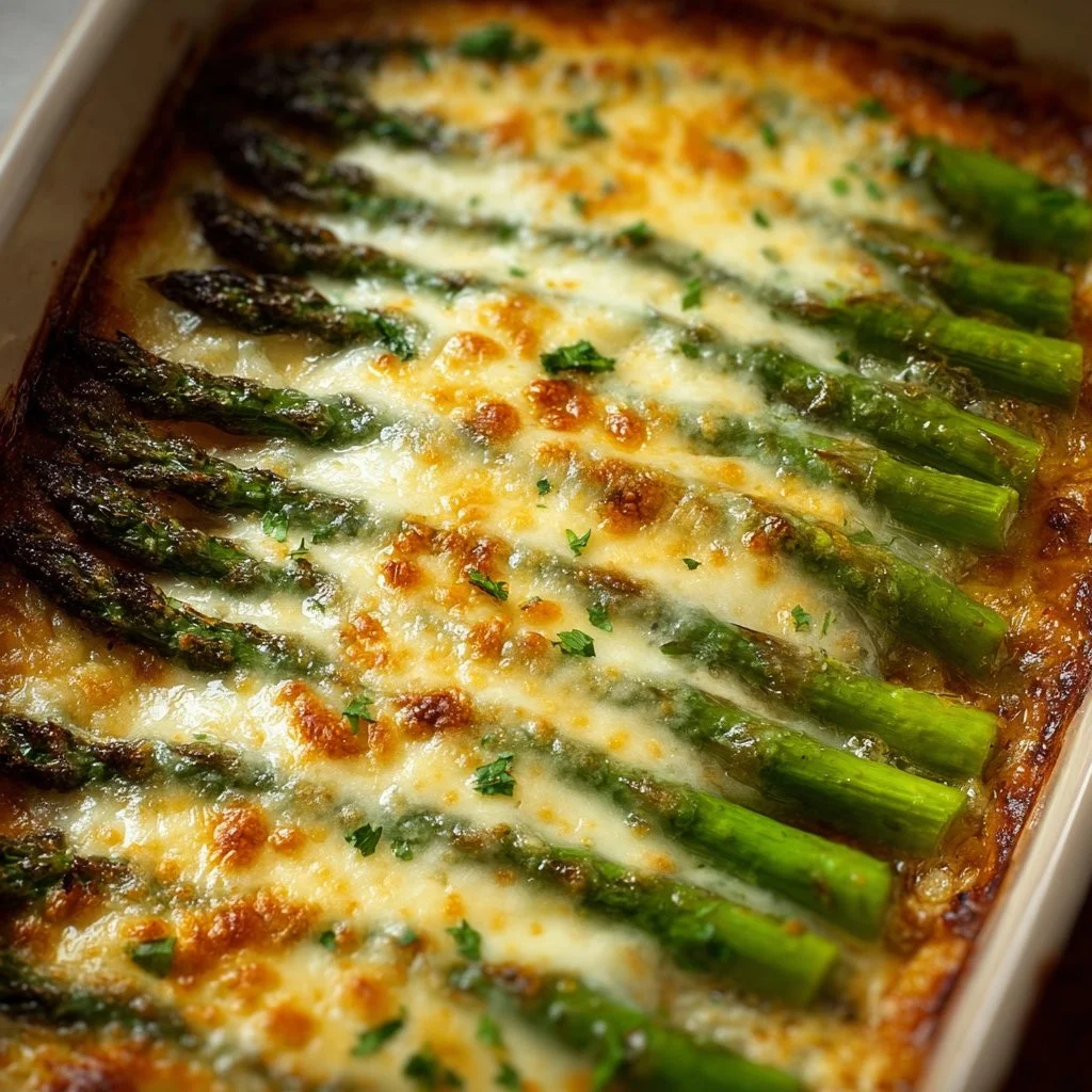 Cheesy baked asparagus topped with melted cheese and herbs