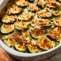 Cheesy Zucchini Gratin 3 Cheesy zucchini gratin served in a baking dish, golden and bubbly.