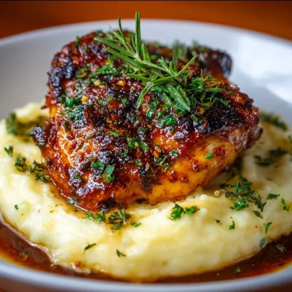 Chipotle honey chicken thighs served with smoked Gouda mashed potatoes