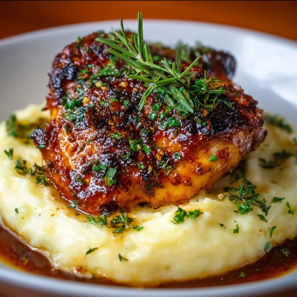 Chipotle honey chicken thighs served with smoked Gouda mashed potatoes
