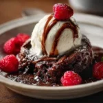 Decadent chocolate cobbler dessert served with vanilla ice cream