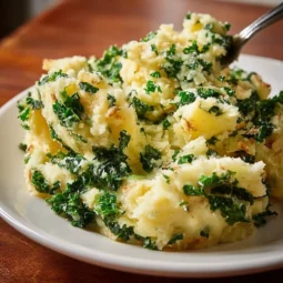 Bowl of Colcannon Mashed Potatoes with Kale garnished with green onions.