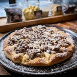 Slice of cookie dough dessert pizza topped with chocolate chips and whipped cream