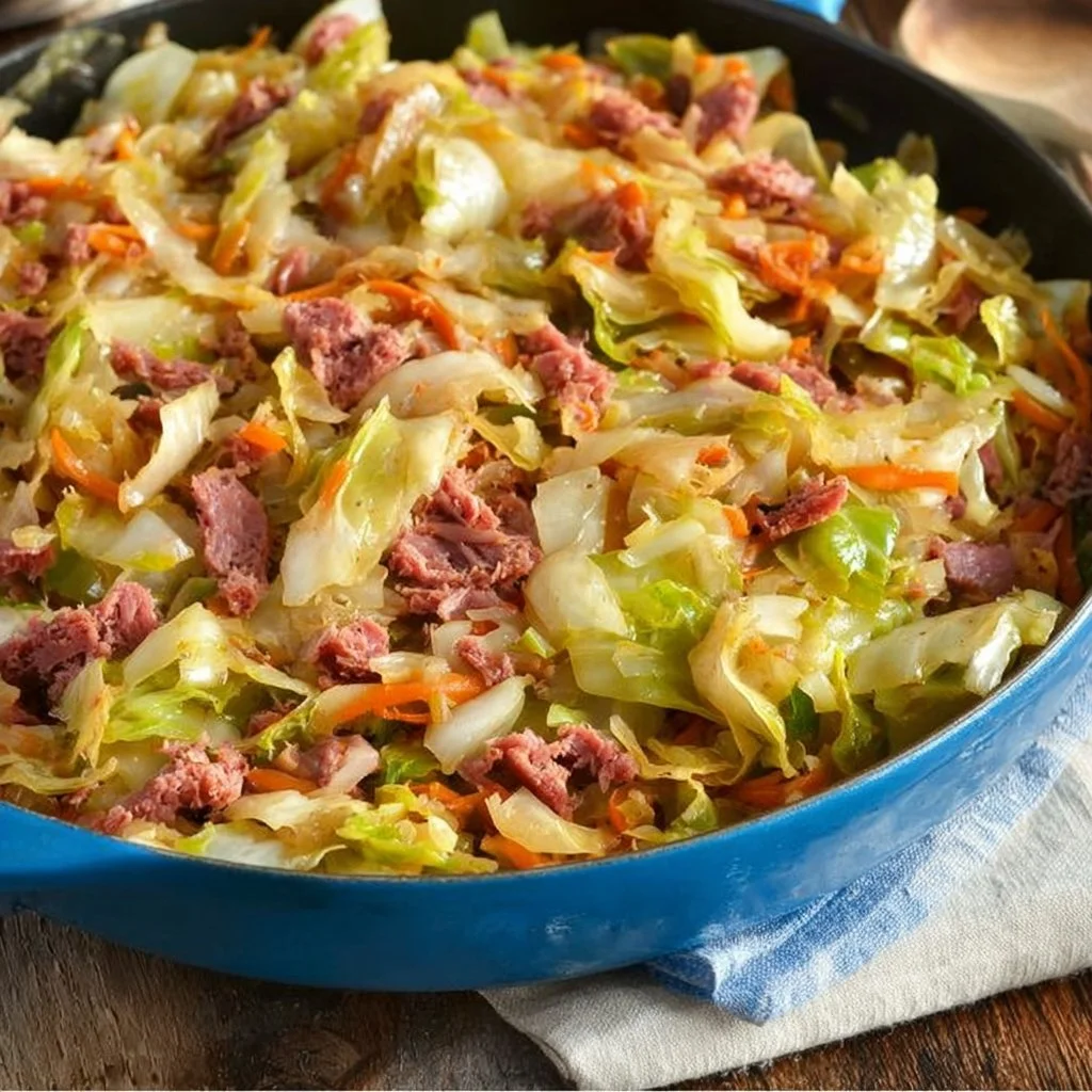 Delicious corned beef and cabbage skillet dish served in a pan.