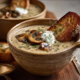 Cottage Cheese Mushroom Soup garnished with herbs in a bowl