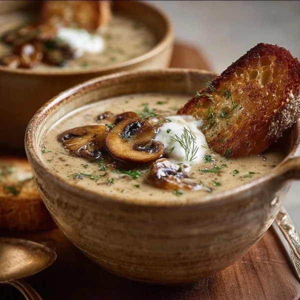 Cottage Cheese Mushroom Soup garnished with herbs in a bowl