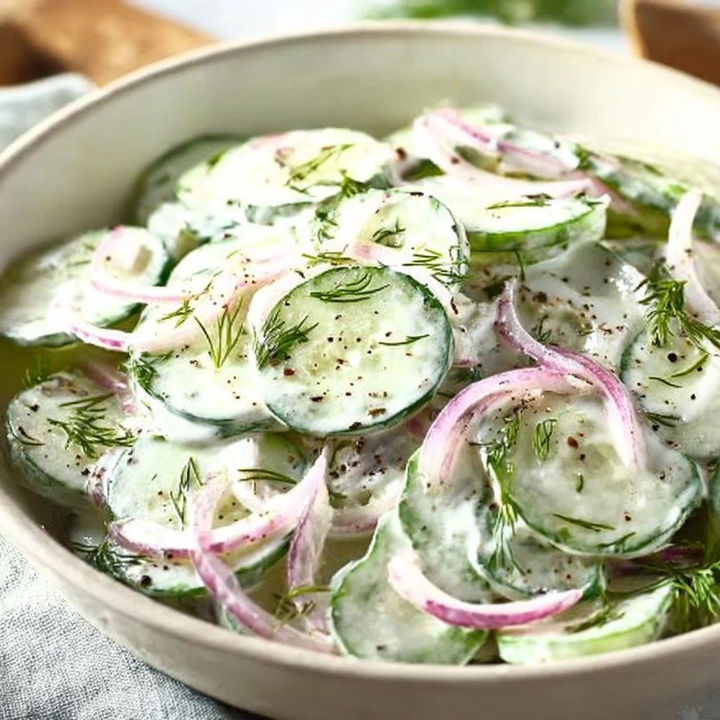 Creamy cucumber salad with fresh herbs in a bowl, perfect for summer meals