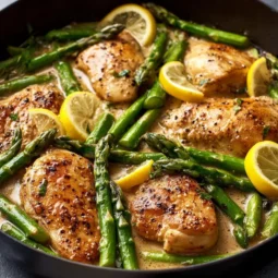 Delicious plate of creamy lemon chicken with asparagus garnished with herbs