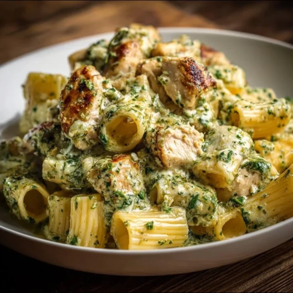 Creamy Pesto Chicken Pasta 20 Creamy pesto chicken pasta with fresh ingredients in a bowl
