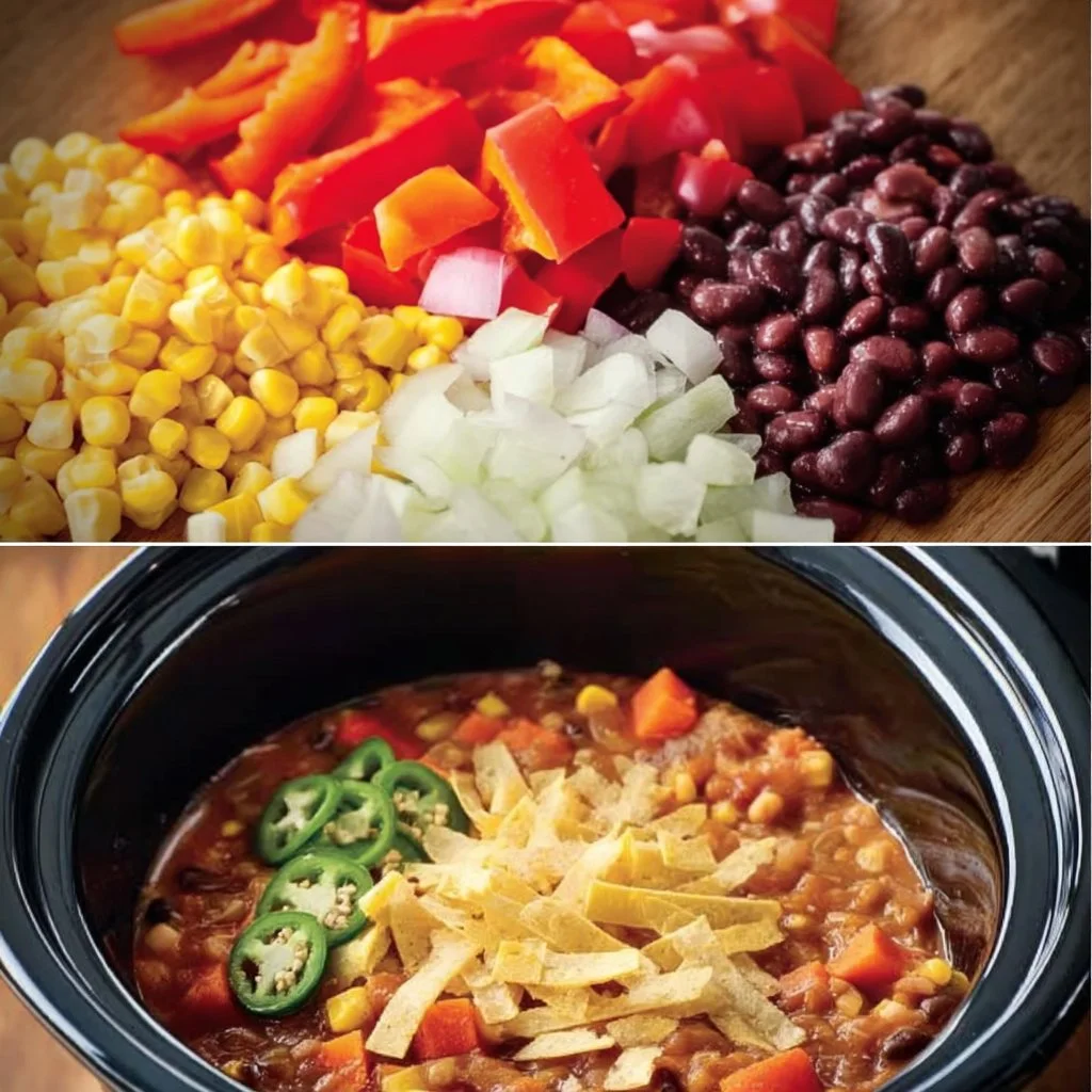 Bowl of creamy vegetarian tortilla soup topped with avocado and corn tortillas