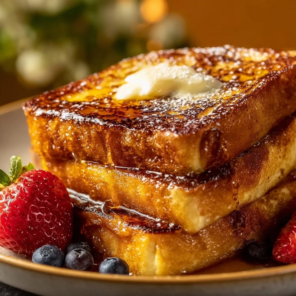Delicious Crème Brûlée French Toast topped with caramelized sugar and berries