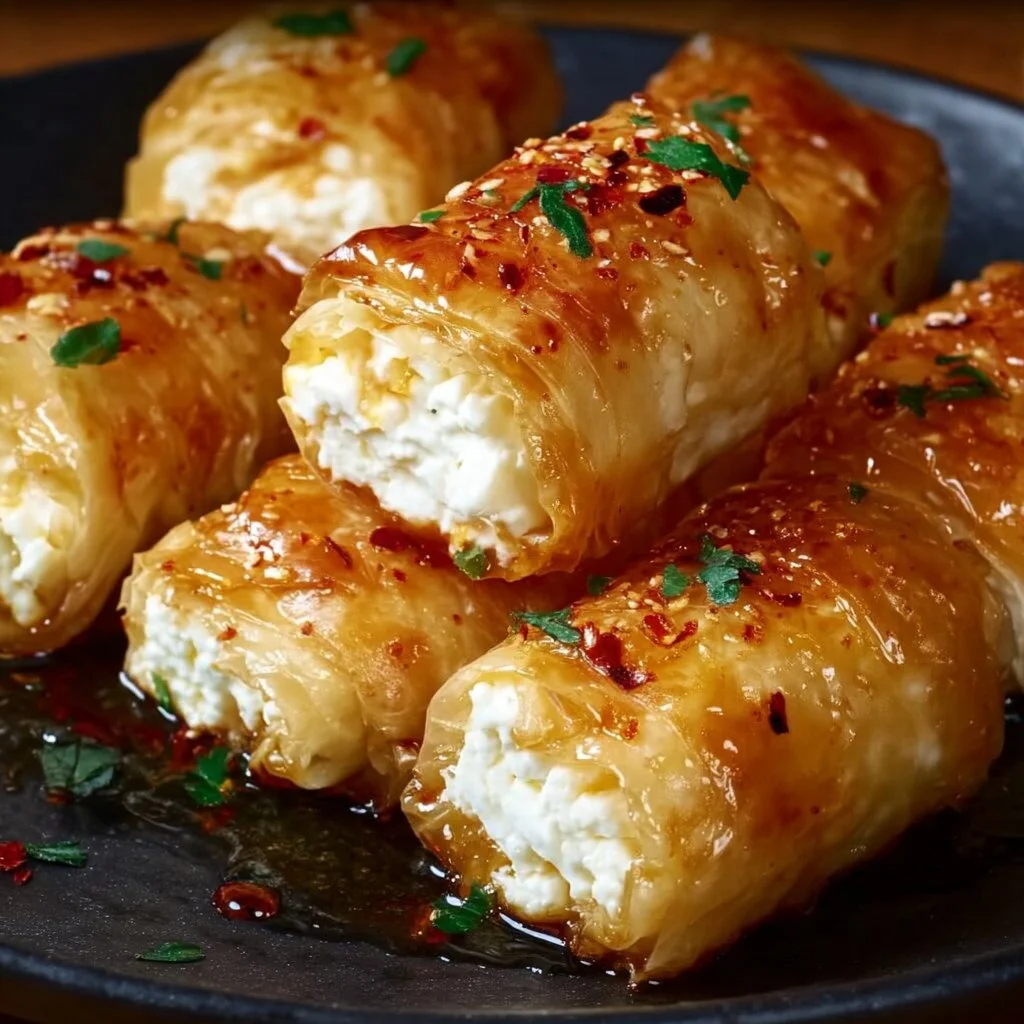 Plate of crispy feta rolls served with dipping sauce