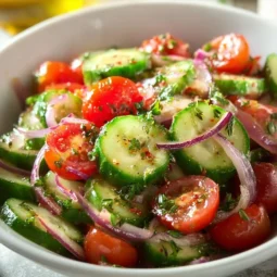 Fresh cucumber tomato salad with colorful vegetables in a bowl