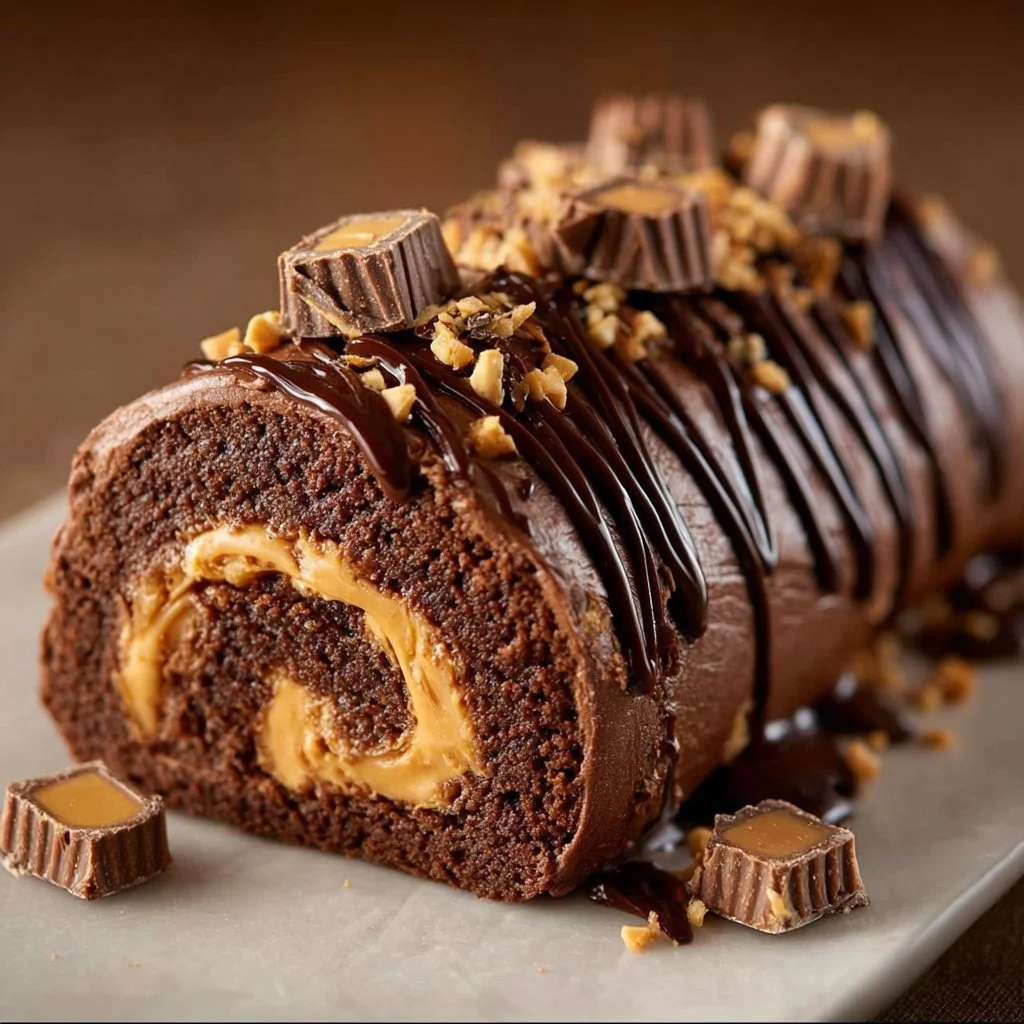 Decadent peanut butter cup chocolate roll dessert recipe