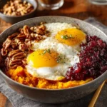 Delicious sweet potato breakfast bowl topped with healthy ingredients