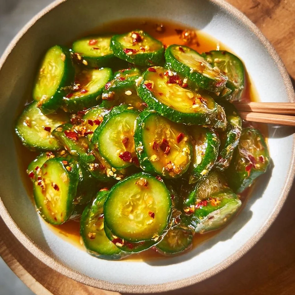 Bowl of easy Asian cucumber salad with fresh vegetables and sesame dressing
