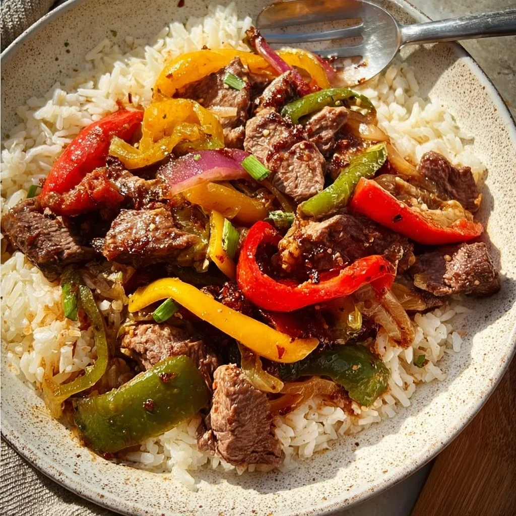 Easy beef and peppers skillet recipe in a one pan dish