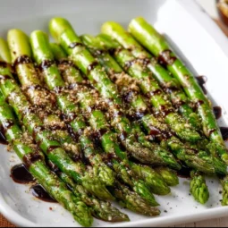 Flavorful asparagus spears topped with a rich balsamic glaze