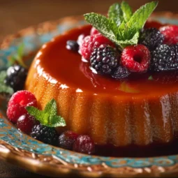 Delicious French chocolate flan served elegantly on a dessert plate.