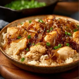 Delicious plate of French Onion Chicken with rice and melted cheese, perfect for a cozy dinner.