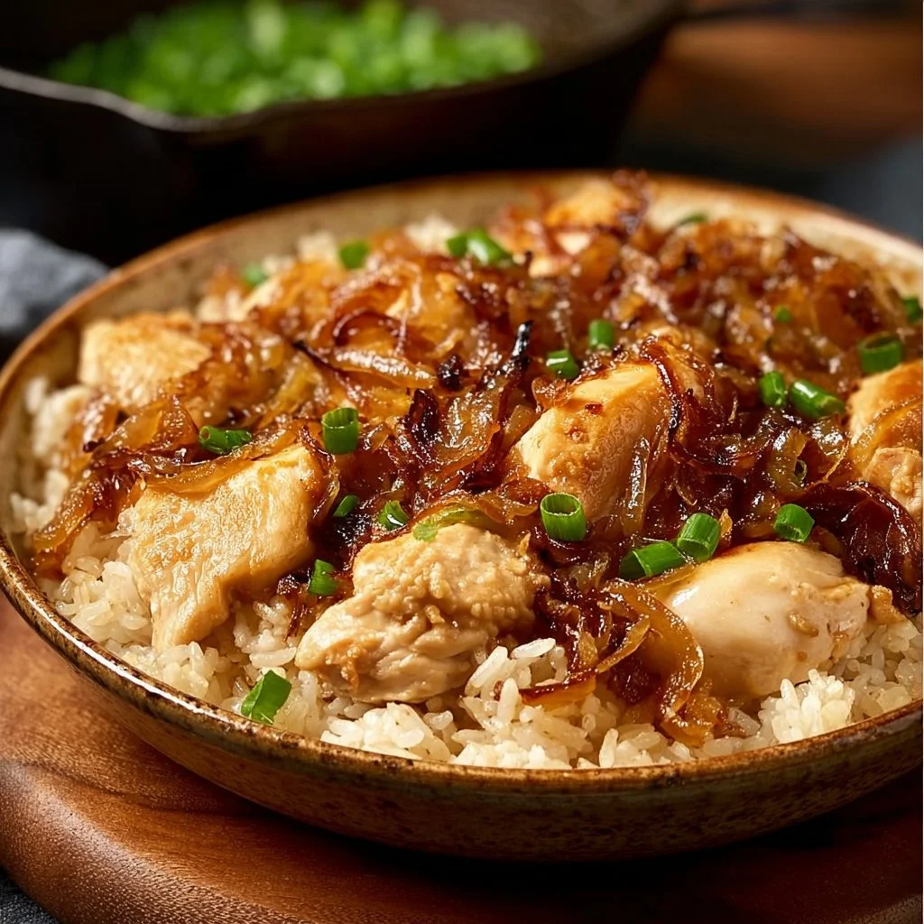 Delicious plate of French Onion Chicken with rice and melted cheese, perfect for a cozy dinner.
