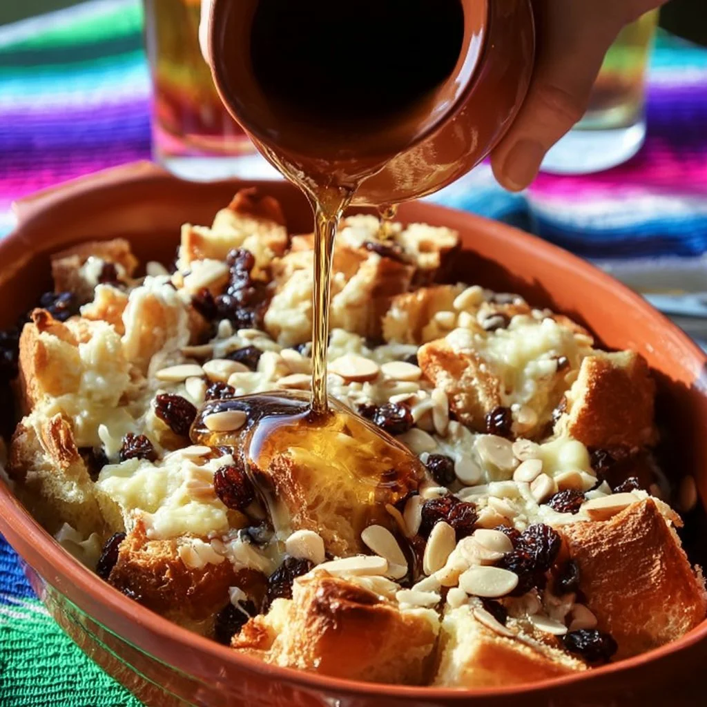 Delicious slice of Grandma's Bread Pudding served with vanilla sauce