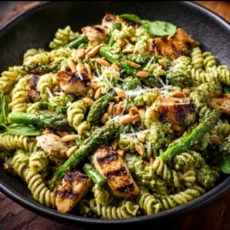 Grilled chicken asparagus pesto pasta served in a bowl topped with fresh herbs.