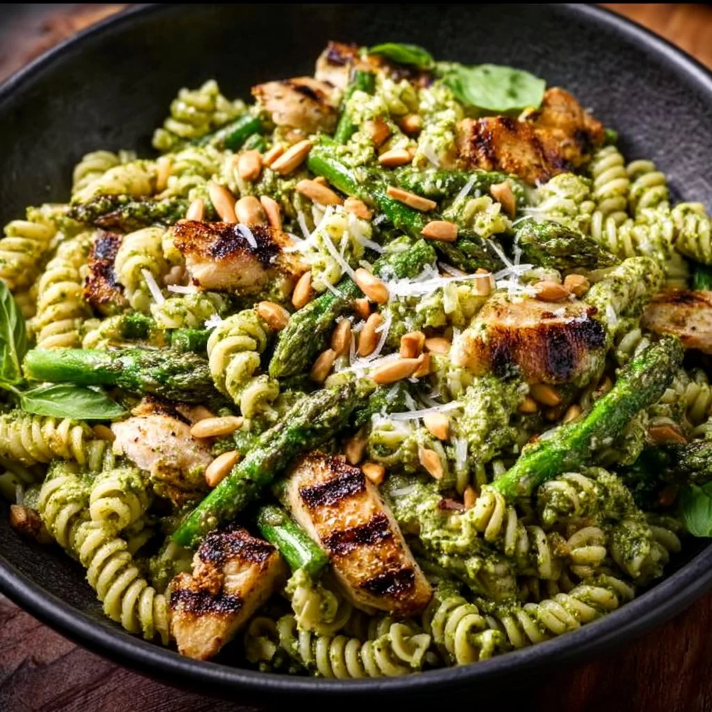 Grilled chicken asparagus pesto pasta served in a bowl topped with fresh herbs.