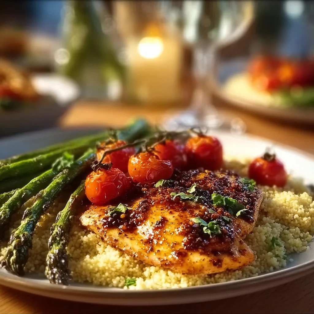 Plate of grilled lemon herb chicken served with quinoa salad and grilled asparagus