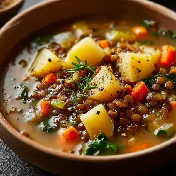 Hearty Lentil and Potato Soup 1 Bowl of hearty lentil and potato soup garnished with herbs