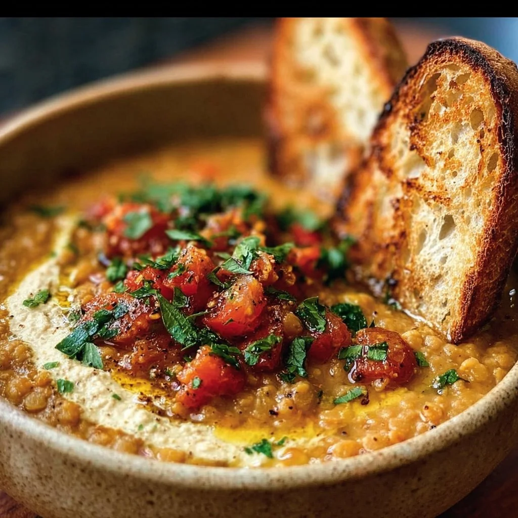 Hearty & Wholesome Lentil Soup with Bread 1 Bowl of hearty lentil soup served with fresh bread on the side.