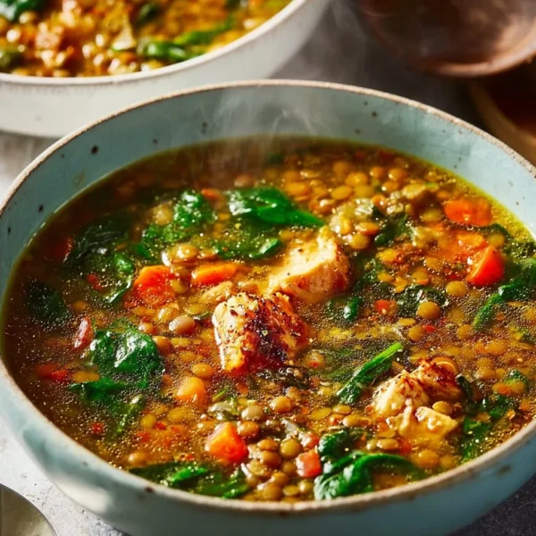 High Protein Chicken Lentil Soup 3 High protein chicken lentil soup in a bowl with fresh herbs