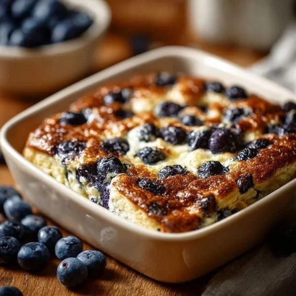 High-Protein Lemon Blueberry Breakfast Bake in a baking dish