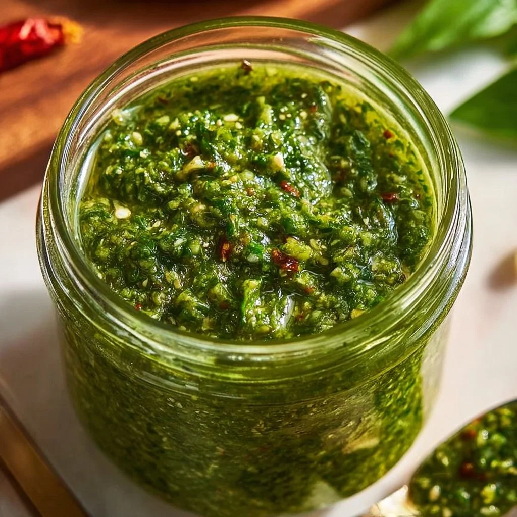 Homemade Zhoug: The Ultimate Guide to Perfect Green Herb Sauce 1 Homemade Zhoug green herb sauce served in a bowl