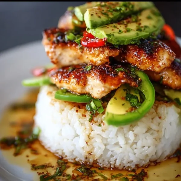 Honey Lime Chicken & Avocado Rice Stack 5 Honey Lime Chicken served with Avocado Rice Stack for a healthy meal