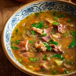 Bowl of Instant Pot leftover hambone soup topped with herbs and spices