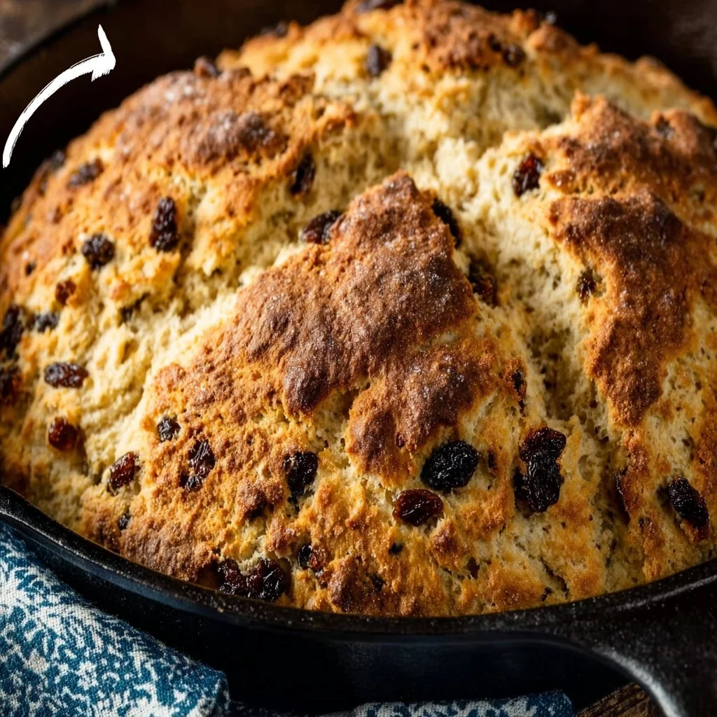 Freshly baked Irish soda bread on a wooden table