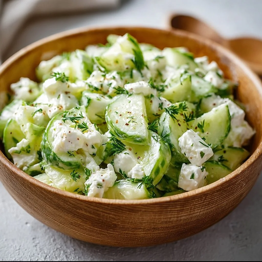 Irresistible cottage cheese and cucumber salad garnished with fresh herbs.