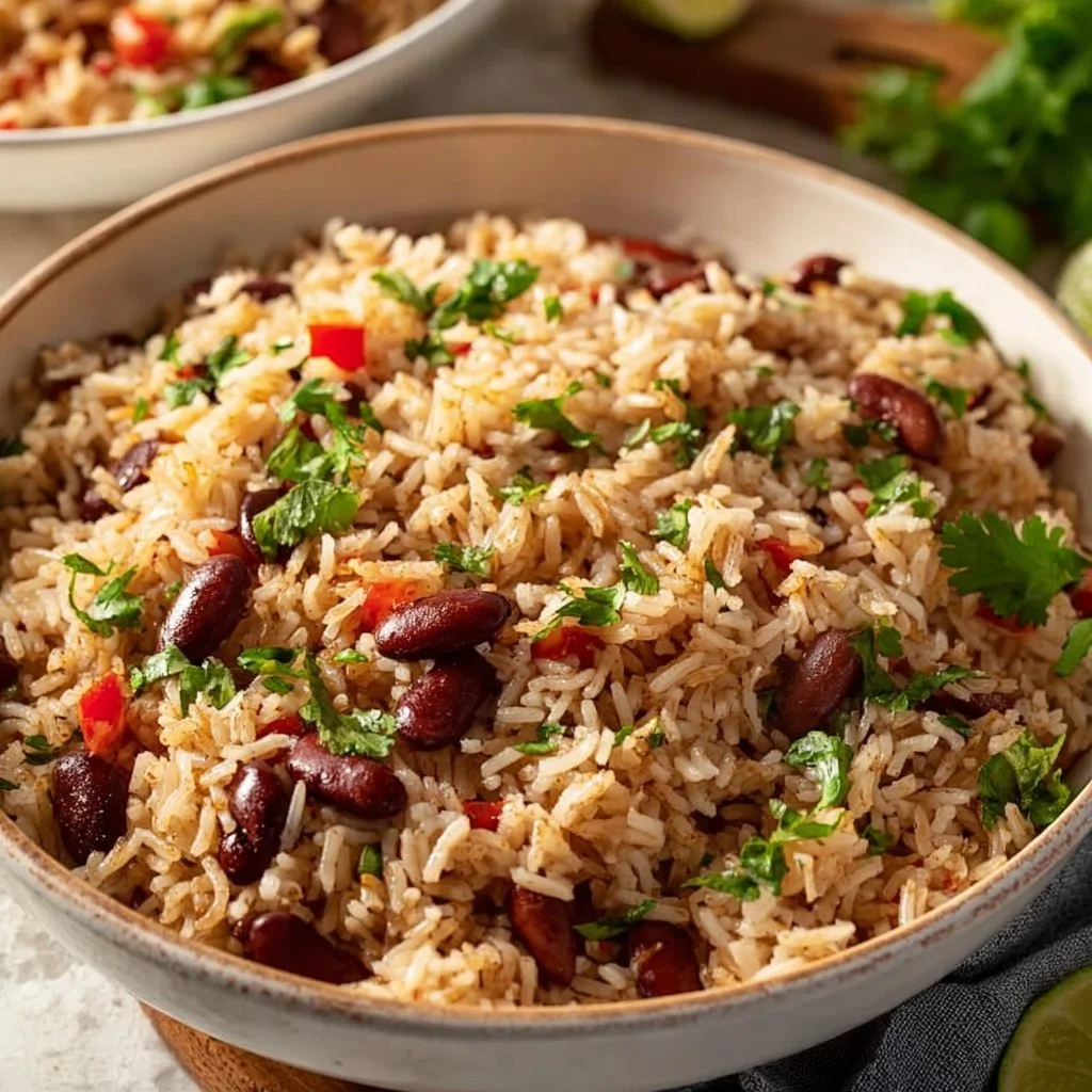 Delicious bowl of Jamaican Rice and Peas recipe with fresh ingredients