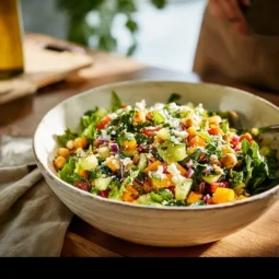 Colorful couscous bowl with fresh vegetables inspired by Jennifer Aniston's salad recipe.