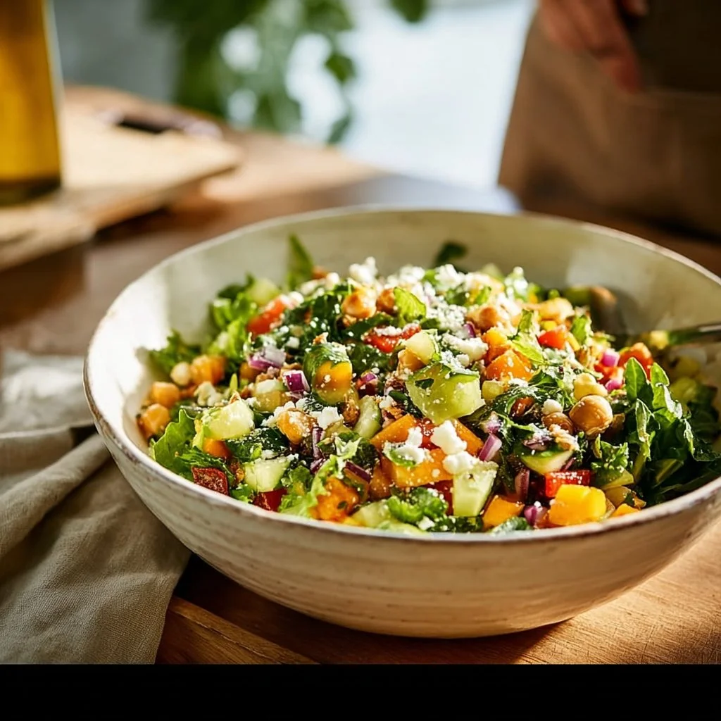 Colorful couscous bowl with fresh vegetables inspired by Jennifer Aniston's salad recipe.