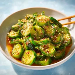 Delicious Korean Cucumber Salad served in a bowl with sesame seeds and spices.