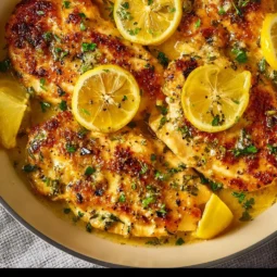 Lemon chicken served with a rich lemon butter sauce on a white plate